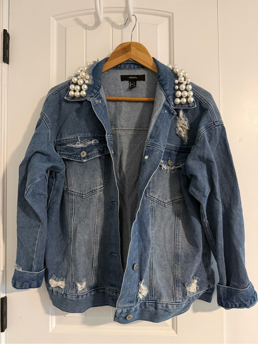 Forever 21 Blue Distressed Denim Jacket with Pearl Collar